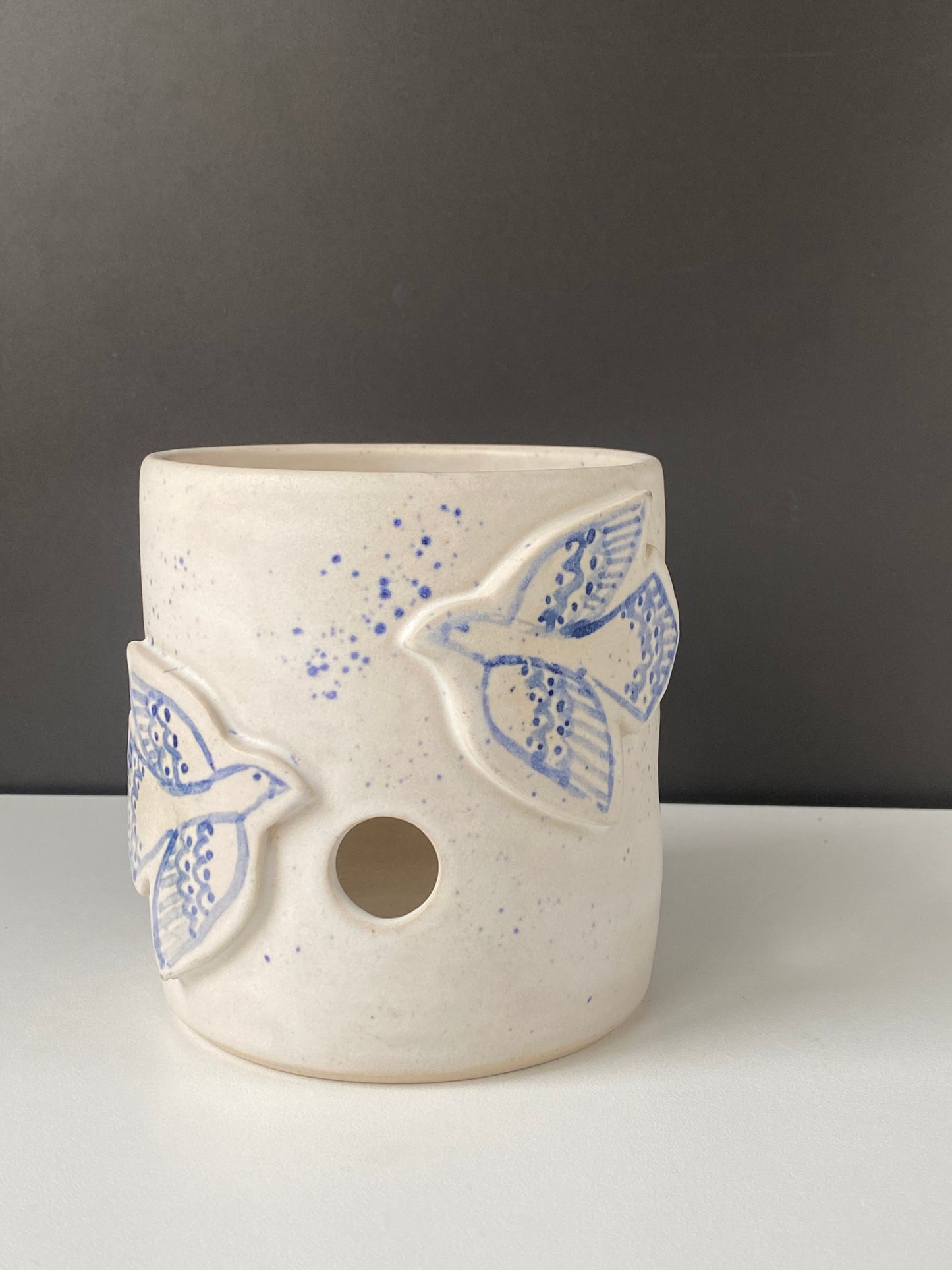 Flying relief birds large Luminary candle holder, wheel thrown pottery