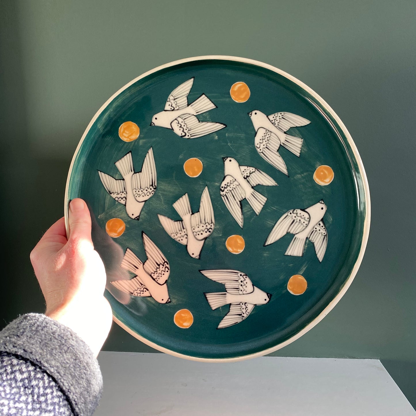 Ceramic Plate with Birds, Large Mid Century Folk Inspired Dish