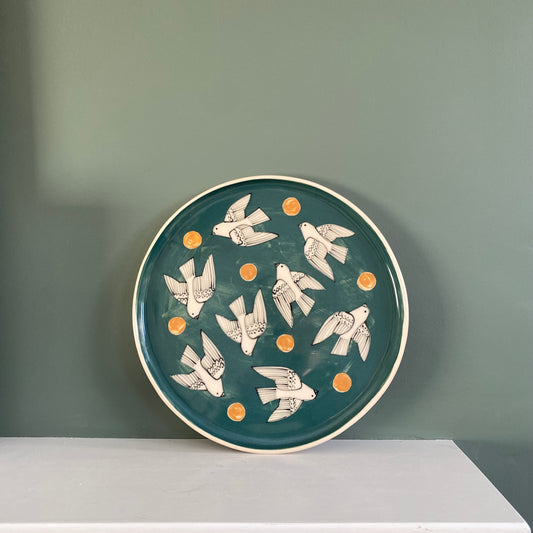 Ceramic Plate with Birds, Large Mid Century Folk Inspired Dish