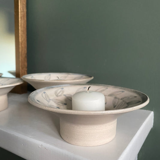 Tea light holder bowls, with flared rim and leaf pattern, blue grey and neutral off white