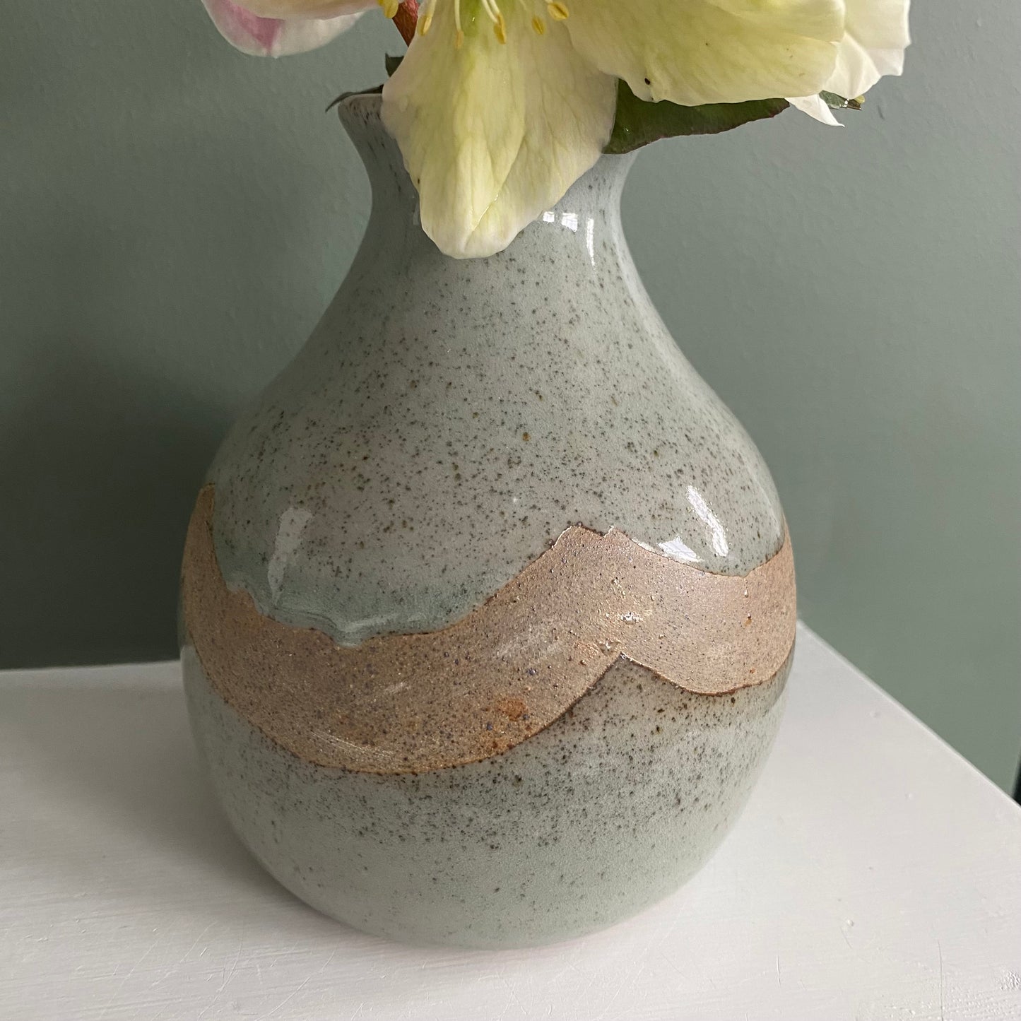 Speckled Robins Egg Blue Celadon Bud Vase, Gas Fired Reduction Flower Vase