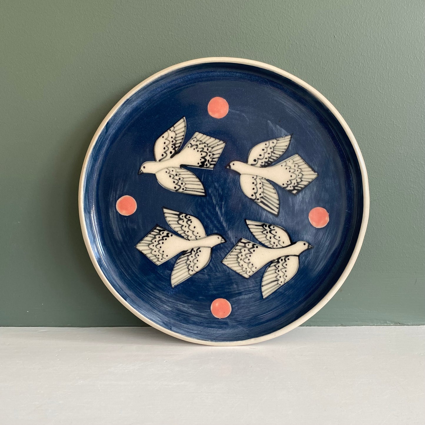 Ceramic Plate with Bird Design in Pink and Blue medium size Mid Century x Folk Inspired Plate
