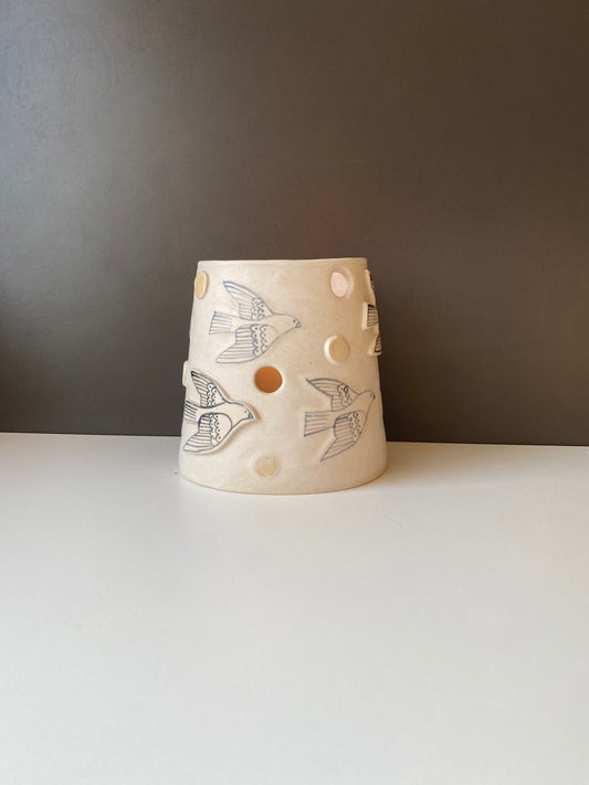 Large Pottery Luminary Candle Holder with flying birds design, relief design inspired by nature and the sun