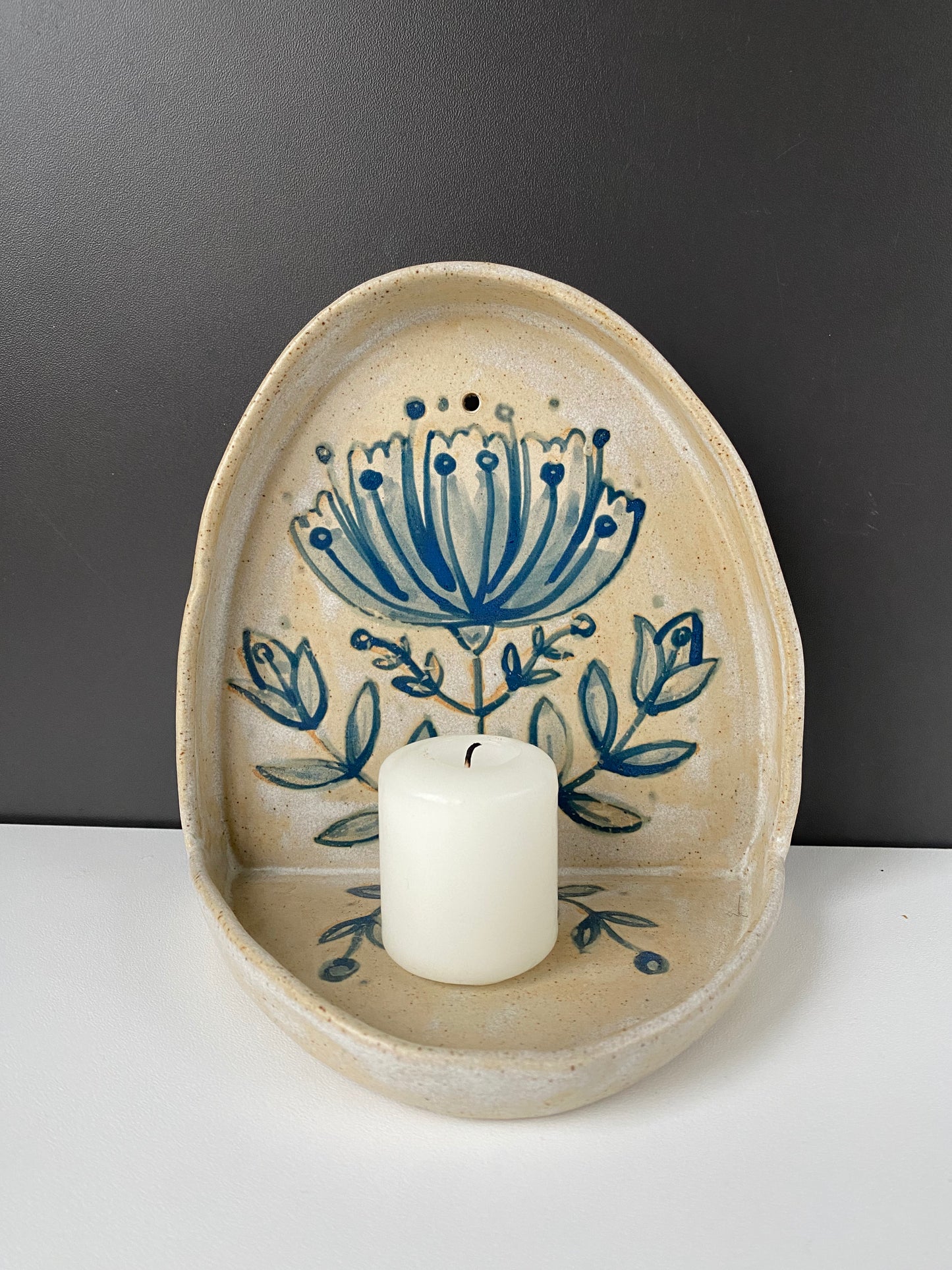 Ceramic Wall Candle Sconce Flower Design candle holder, light blue design with matt glaze candle sconce for votive or tea light candle