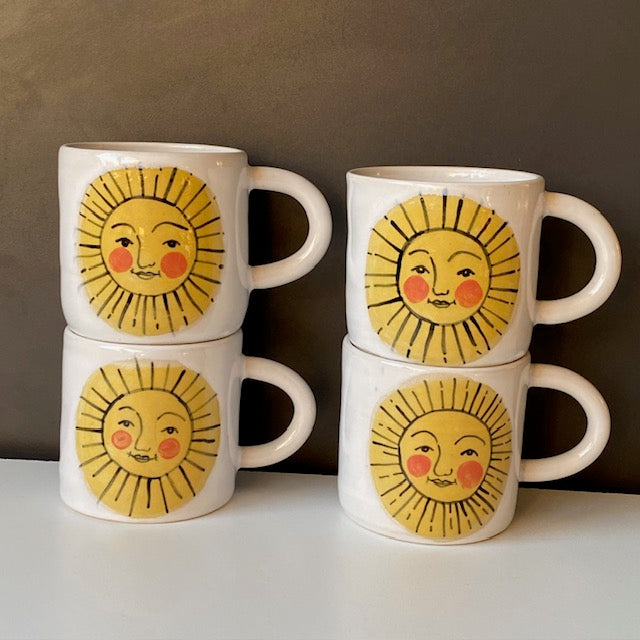 Ceramic Sun Face Mug, Rise and Shine Mug, Wheel Thrown Hand Painted