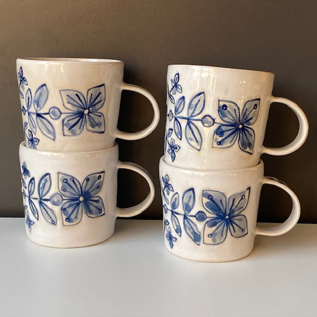 Blue and White Ceramic Floral Mug, Wheel thrown, hand painted pottery Mug