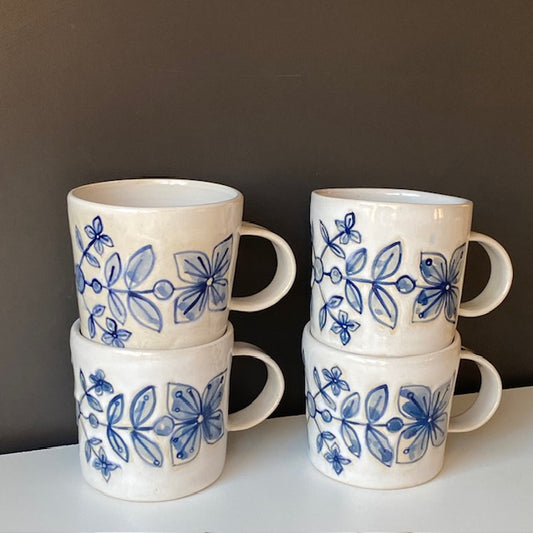 Blue and White Ceramic Floral Mug, Wheel thrown, hand painted pottery Mug