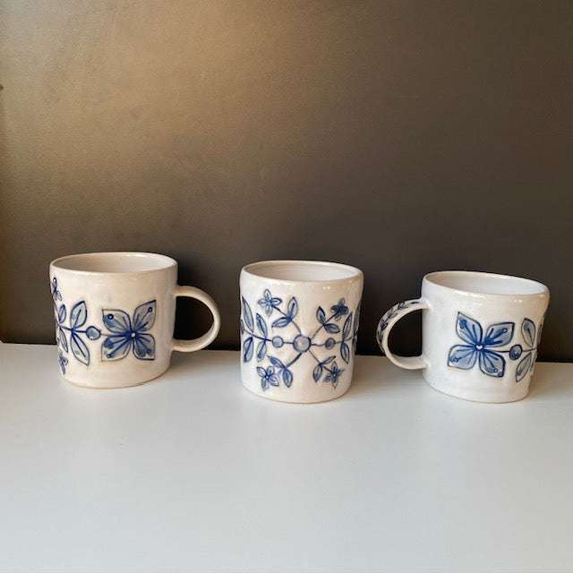 Blue and White Ceramic Floral Mug, Wheel thrown, hand painted pottery Mug