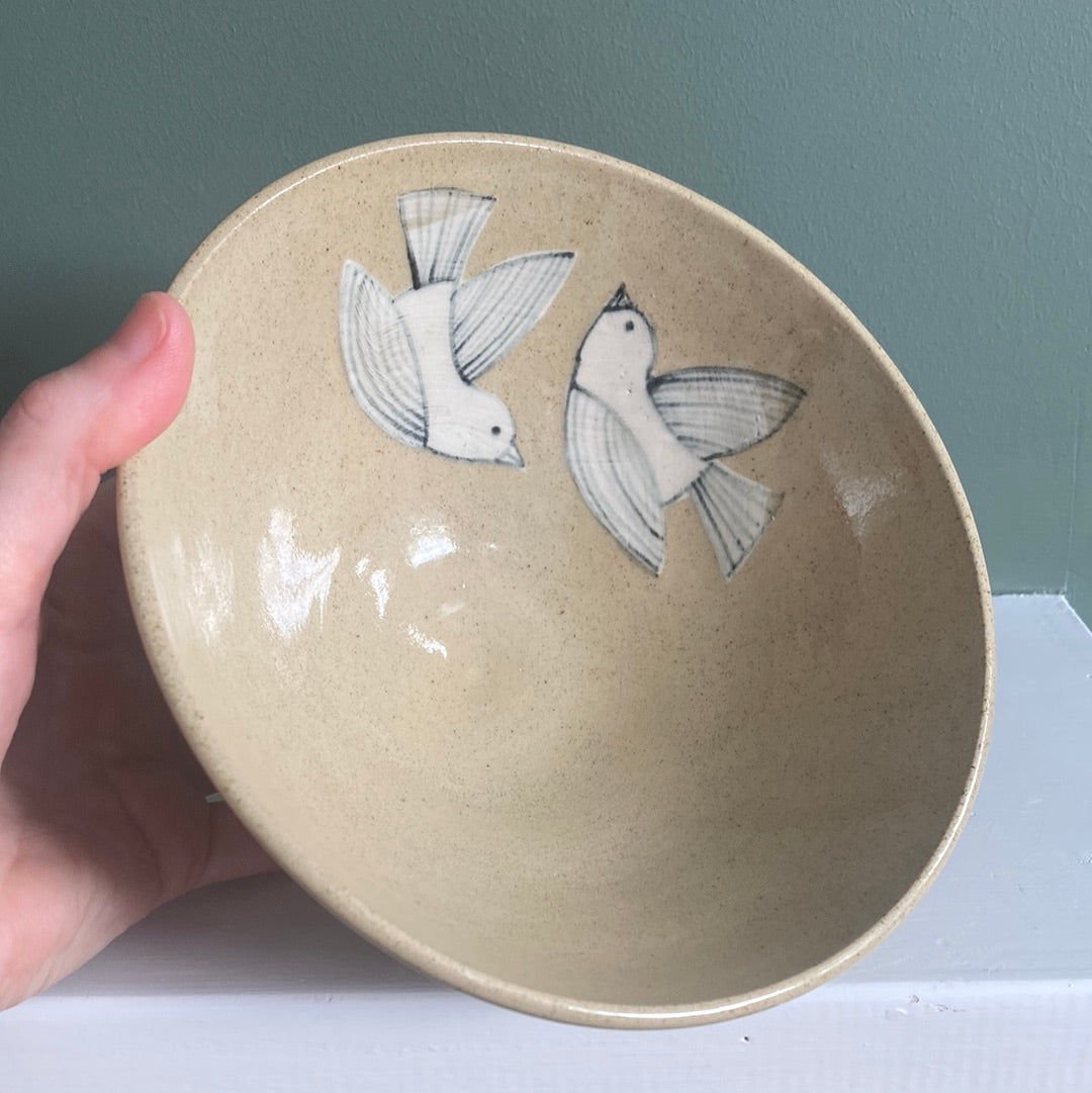 Two Birds 2, ceramic hand painted bowl, black and white, speckled clay