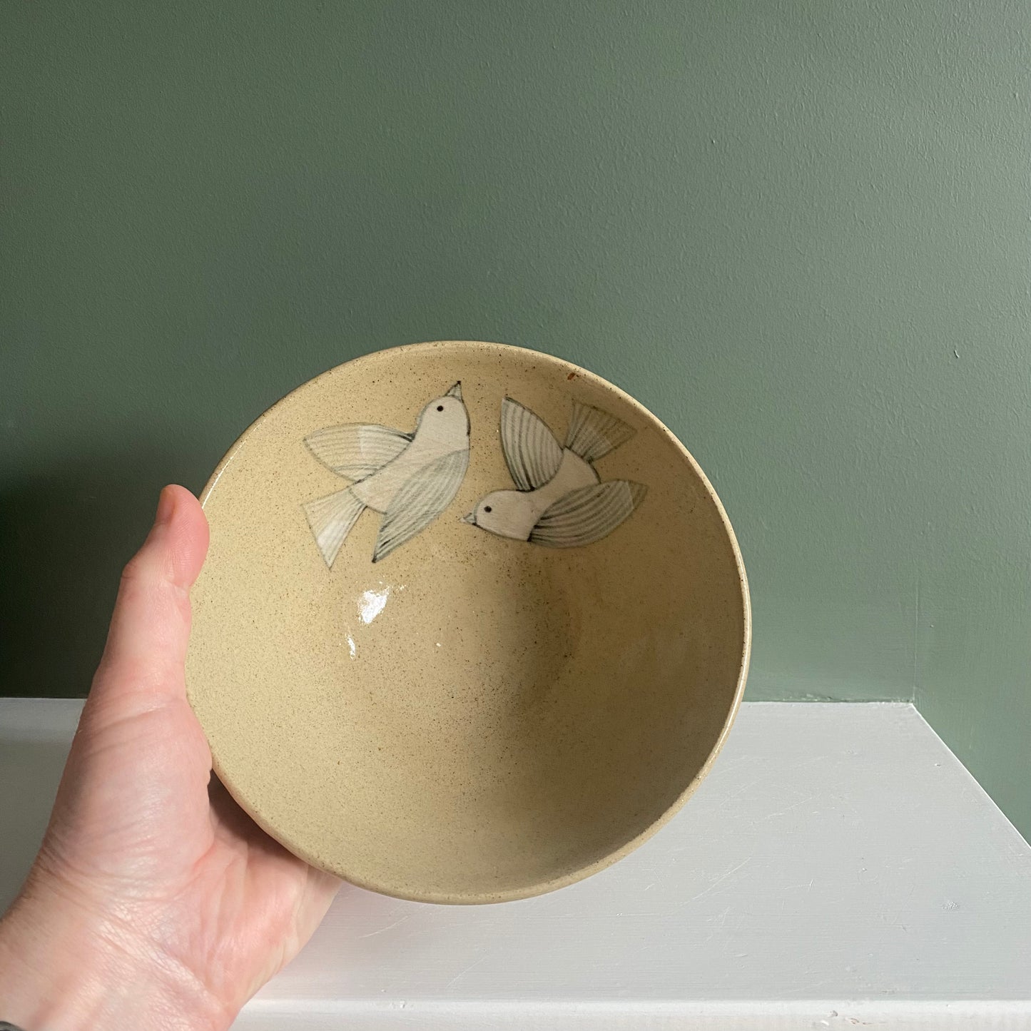 Two Birds 3, ceramic hand painted bowl, black and white, speckled clay