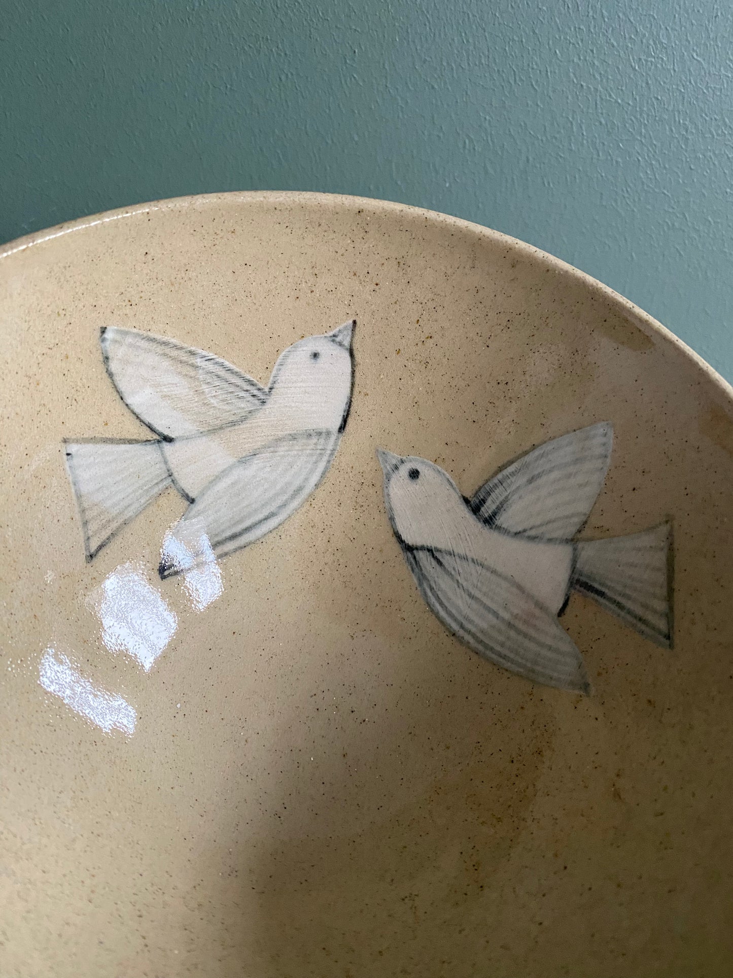 Two Birds 1, ceramic hand painted bowl, black and white, speckled clay