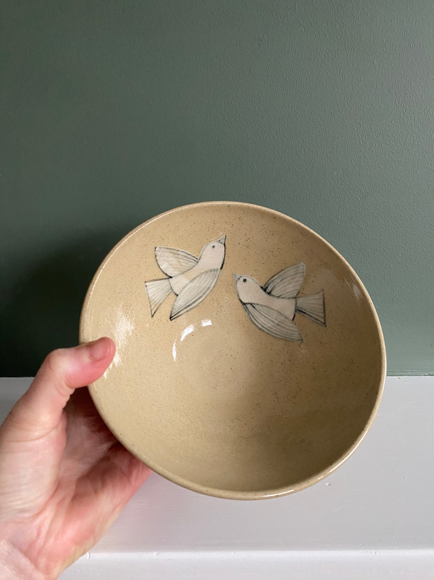 Two Birds 1, ceramic hand painted bowl, black and white, speckled clay