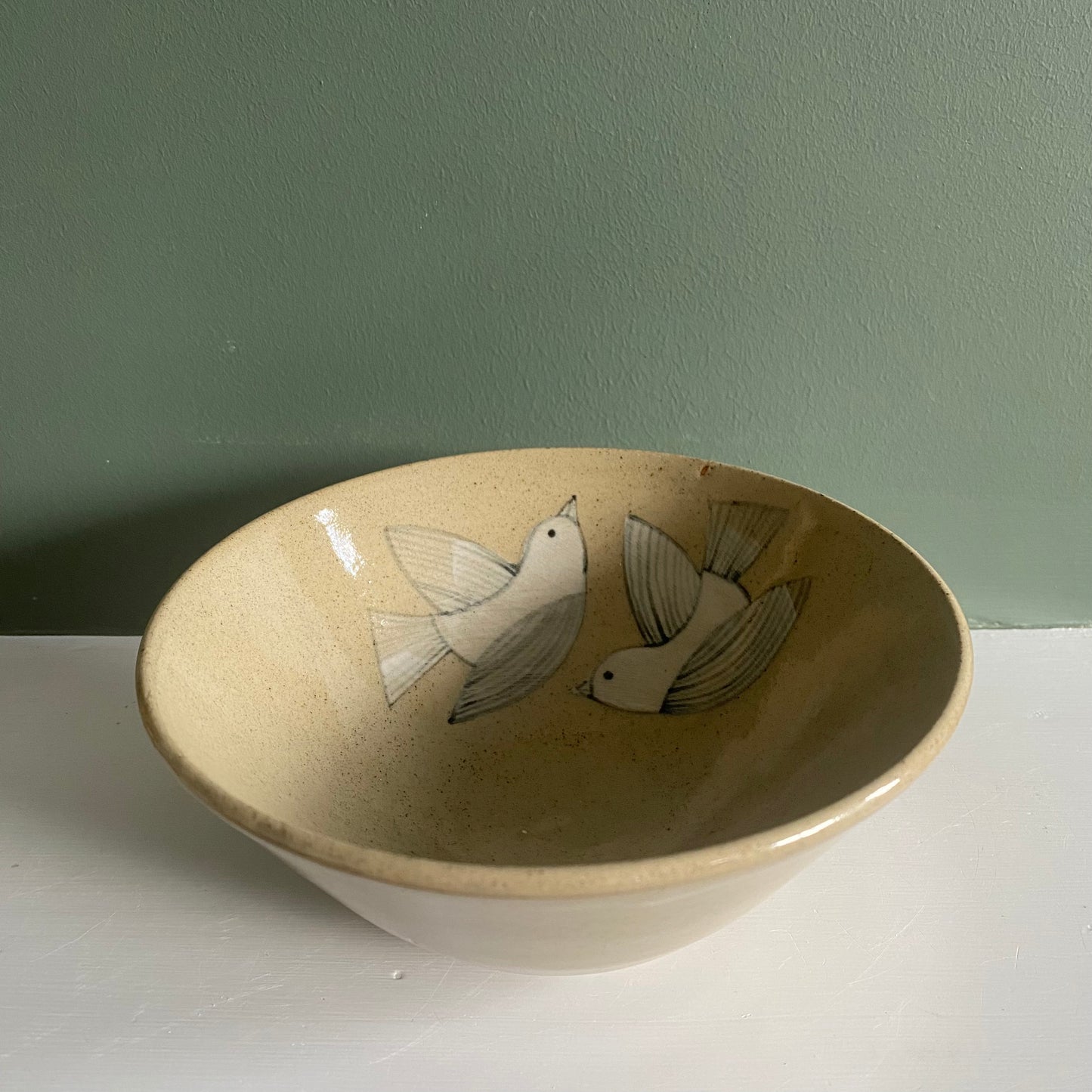 Two Birds 3, ceramic hand painted bowl, black and white, speckled clay