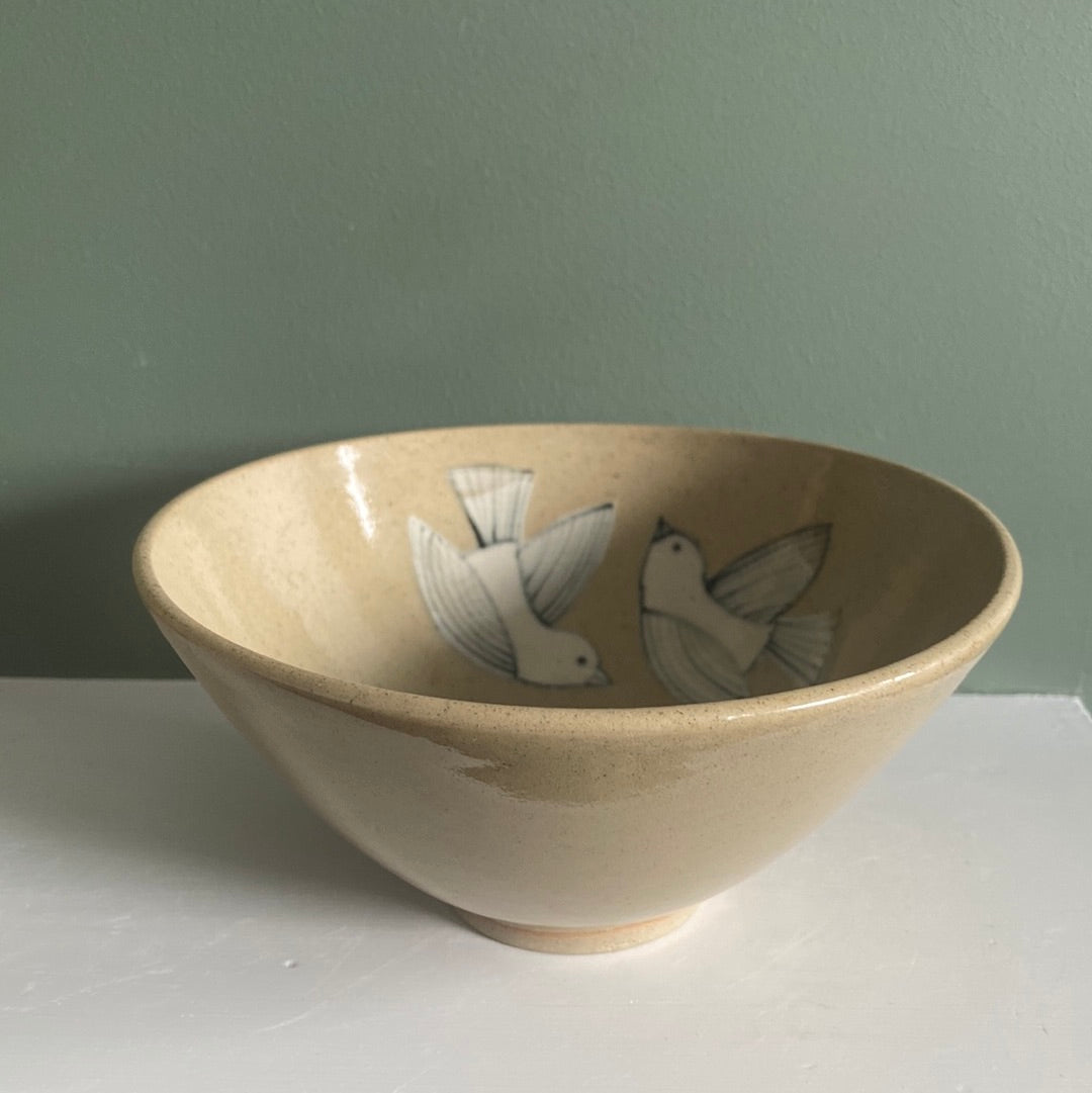Two Birds 2, ceramic hand painted bowl, black and white, speckled clay