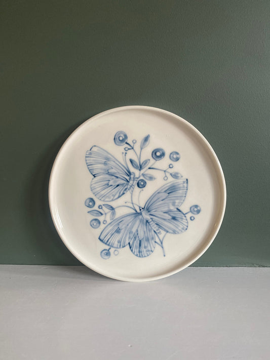 Butterfly porcelain ceramic plate, hand painted and handmade