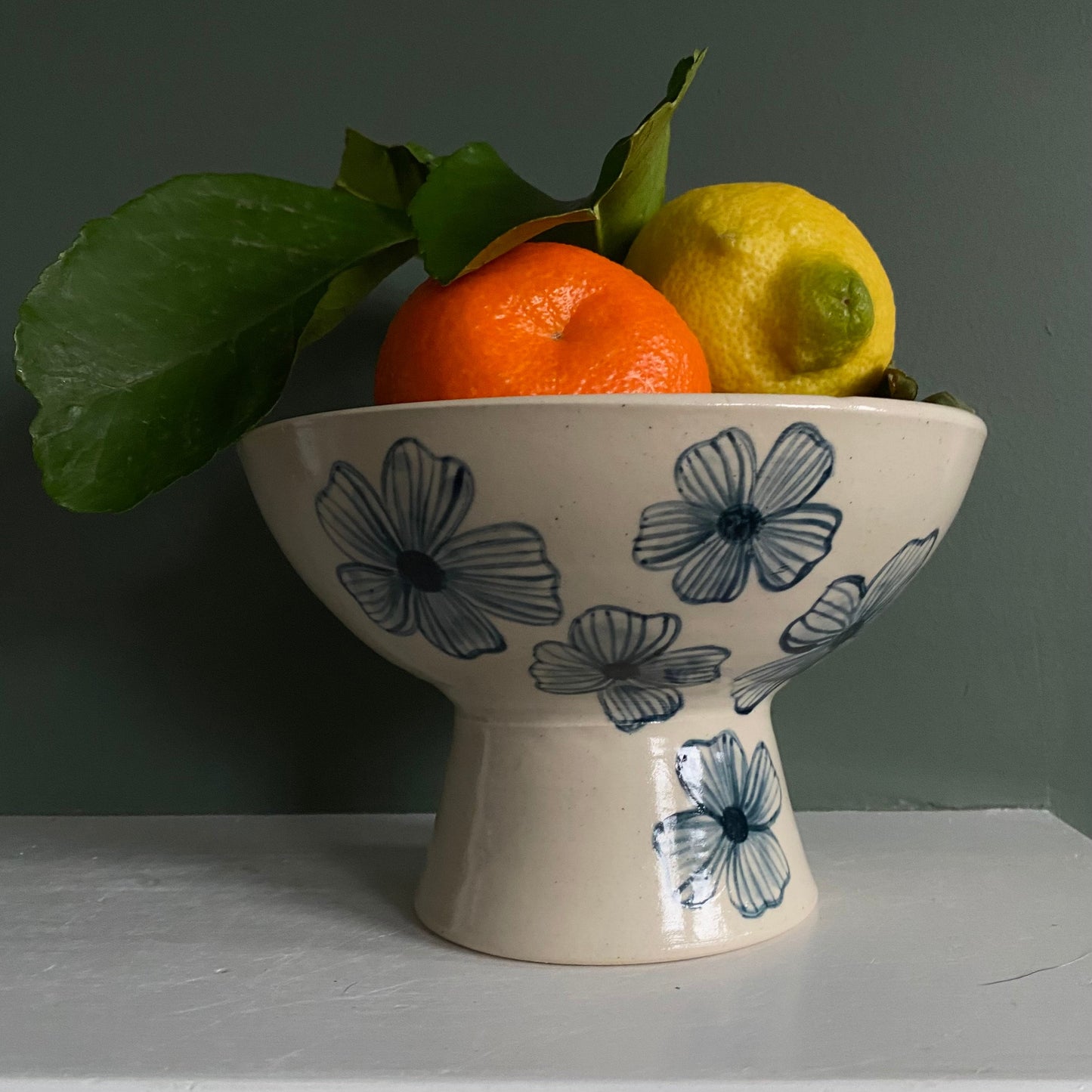 Small Blue and white ceramic pedestal bowl with flowers design, pottery fruit bowl, hand painted and wheel thrown stoneware