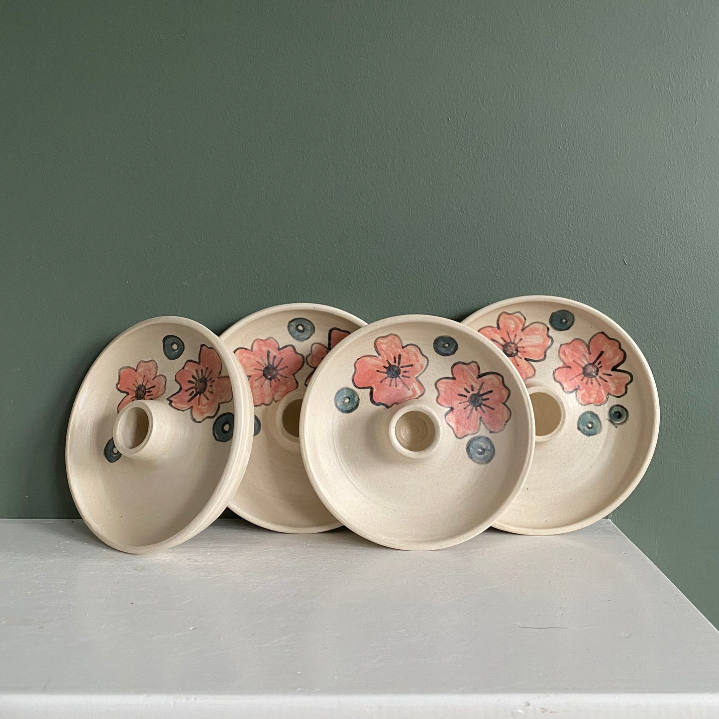 Candle stick holders with pink flower pattern, Scandinavian folk inspired, wheel thrown stoneware pottery candle holders